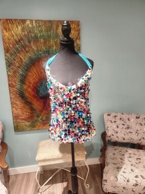 Multicolor Sequin Halter Tank Top - Turquoise Straps